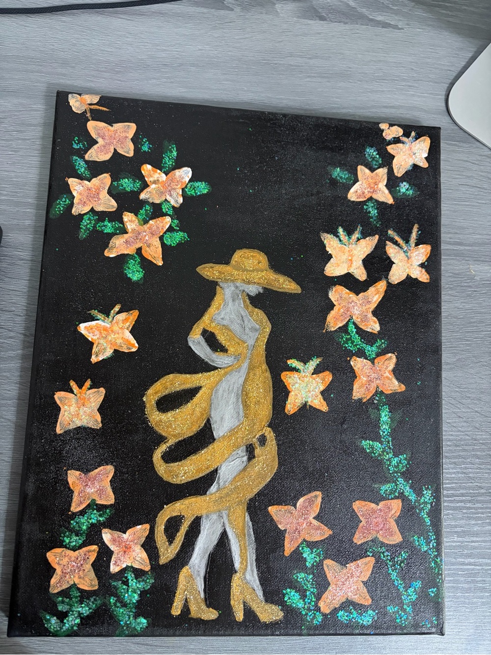 Gold Figurative Canvas Painting with Peach Flowers